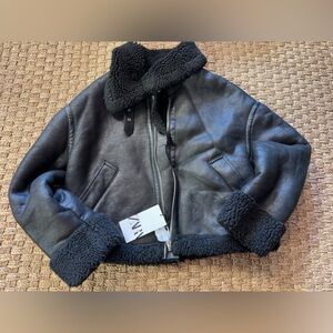 Zara Black Shearling Faux leather Jacket NWT
